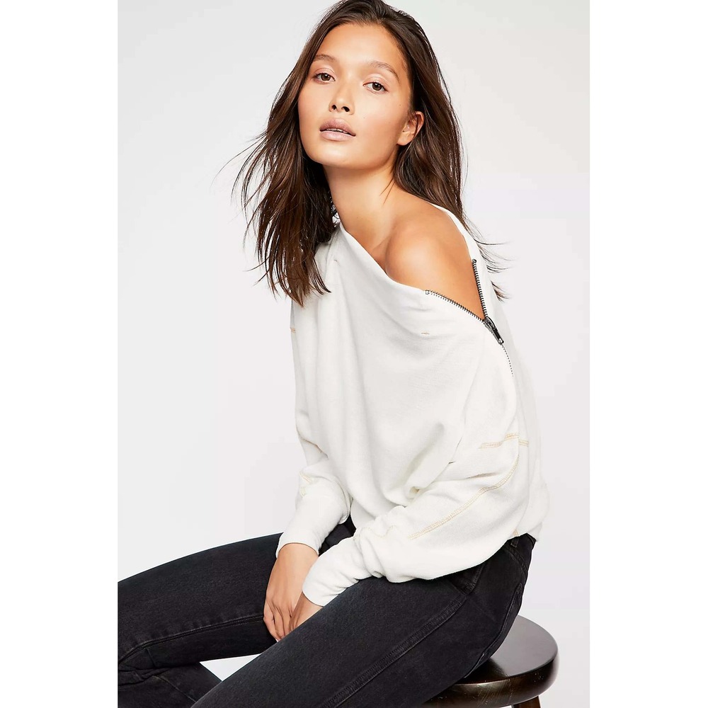 Free People We The Free Nikala Zip Shoulder Thermal Slouchy Top White Boho S
